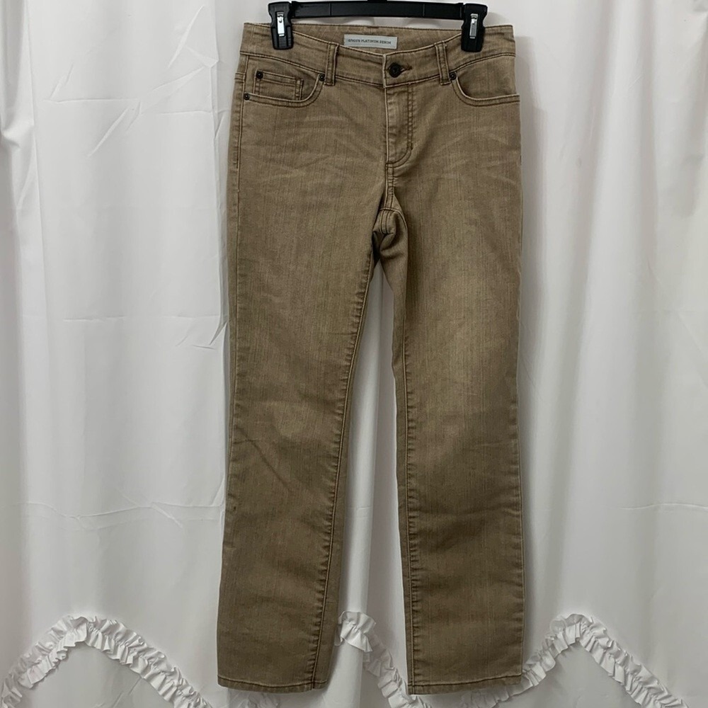 Chicos Platinum Denim Ultimate Fit Slim Leg Jeans Brown Size 00 Short RN 79984